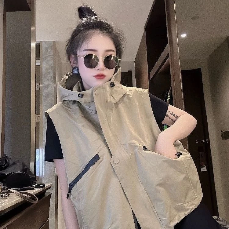 欧货2024春秋新款韩版时尚宽松连帽工装短款马夹百搭休闲坎肩女潮