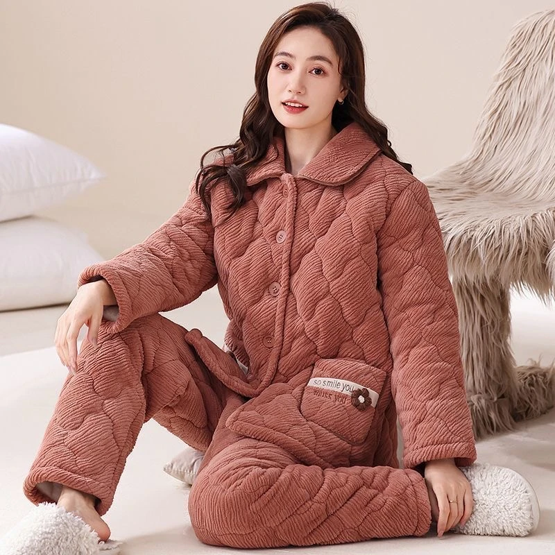 【新款】加厚睡衣女士冬季三层珊瑚绒长袖甜美开衫保暖家居服秋冬季