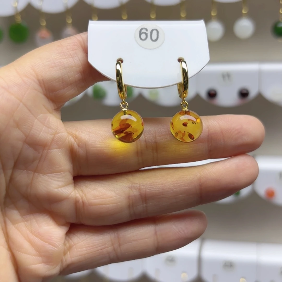 琥珀（花珀）银S925镶嵌耳饰