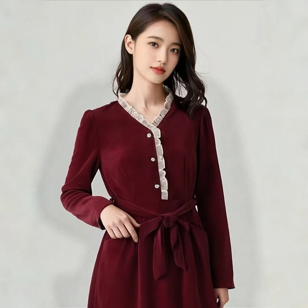 D012新款2025灯芯绒连衣裙秋冬新款气质感修身显瘦长袖加厚女裙子