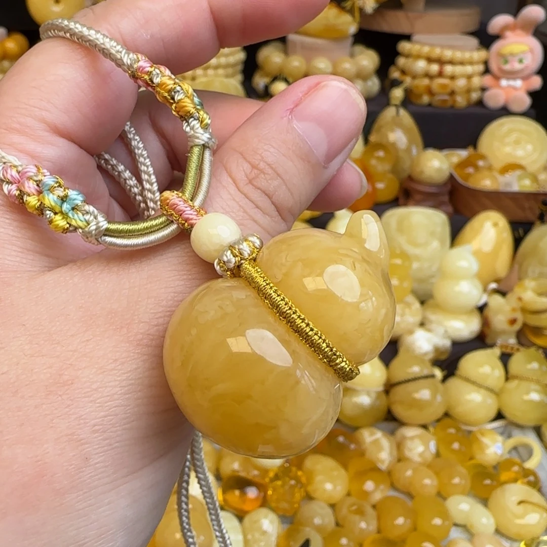 琥珀未镶嵌套链天然俄料虎皮妖花蜜蜡葫芦吊坠