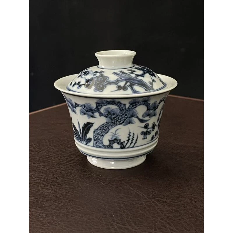 景德镇釉下彩青花手绘陶瓷两才盖碗桦竹梅马蹄茶具