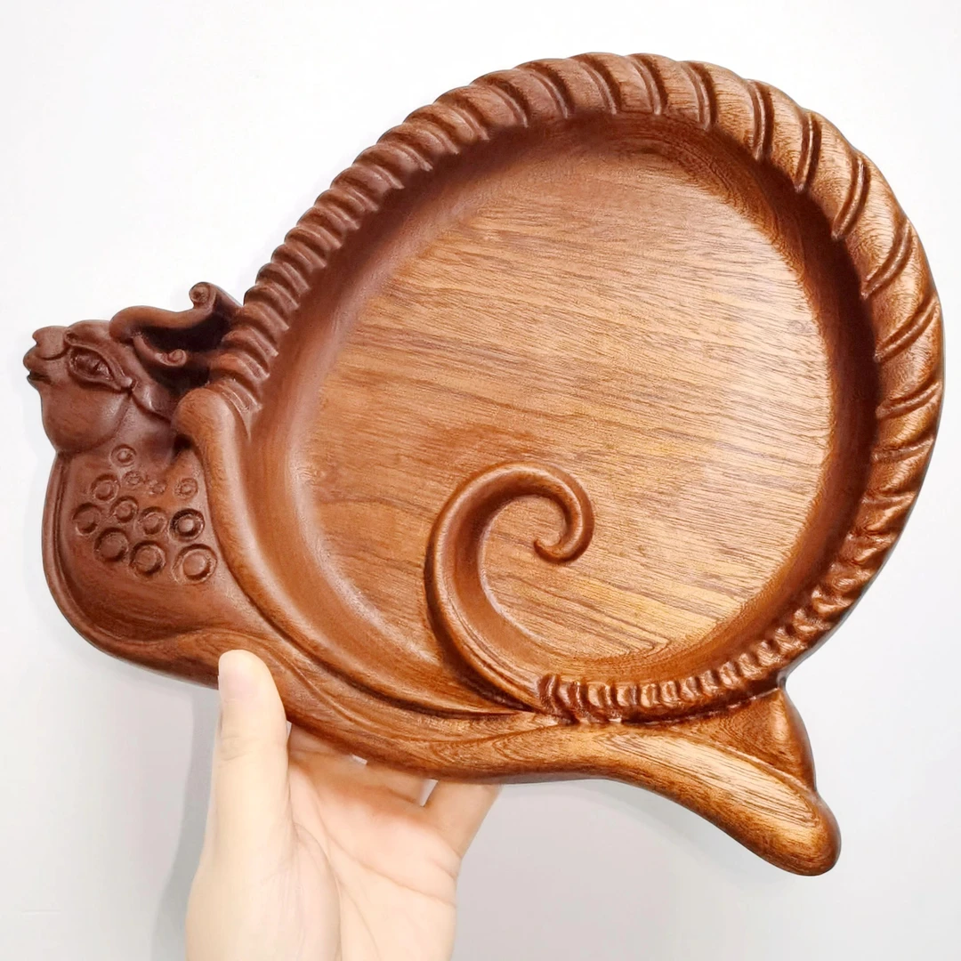 乌檀木创意茶盘实木茶台家用客厅茶海托盘零食水果木雕刻蜗牛形盘