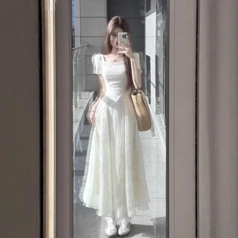 法式初恋白月光方领连衣裙女夏季高级感穿搭气质绝美收腰显瘦长裙