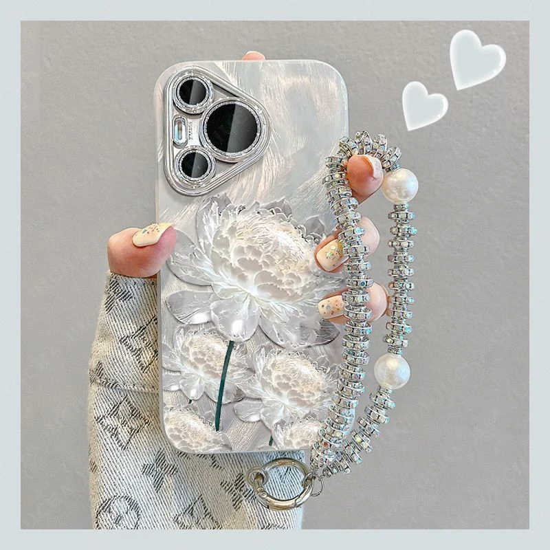 华为Pura70Pro手机壳新款高级感全包防摔硅胶白色荷花可爱卡通潮