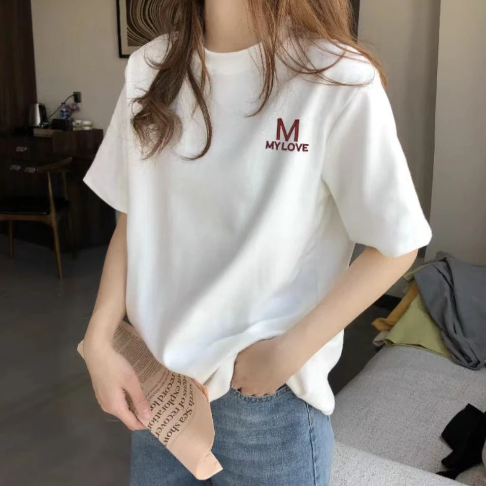 爆正肩短袖白色纯棉t恤女圆领夏季内搭打底衫宽松大码简约小印花