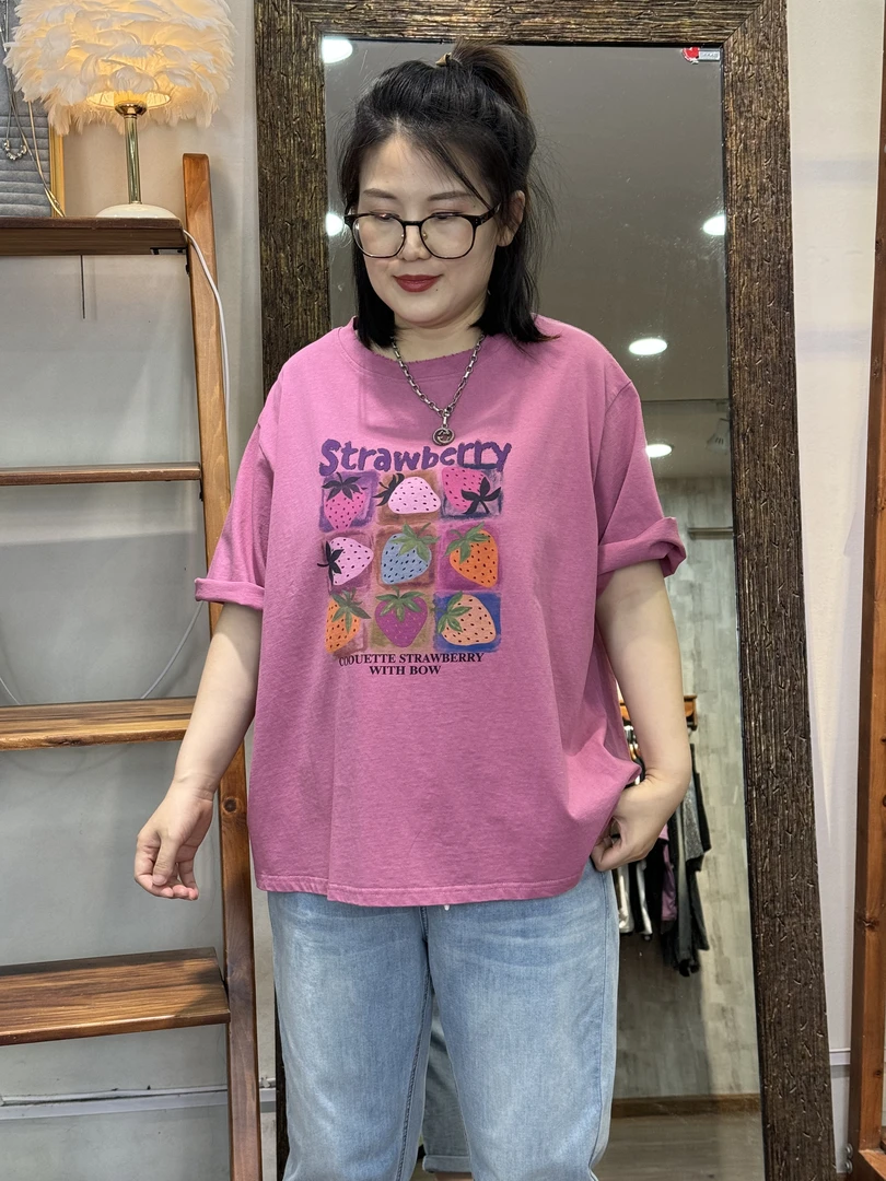 T恤-10689大码女装春夏棉质胖MM宽松文艺休闲百搭水果圆领磨破