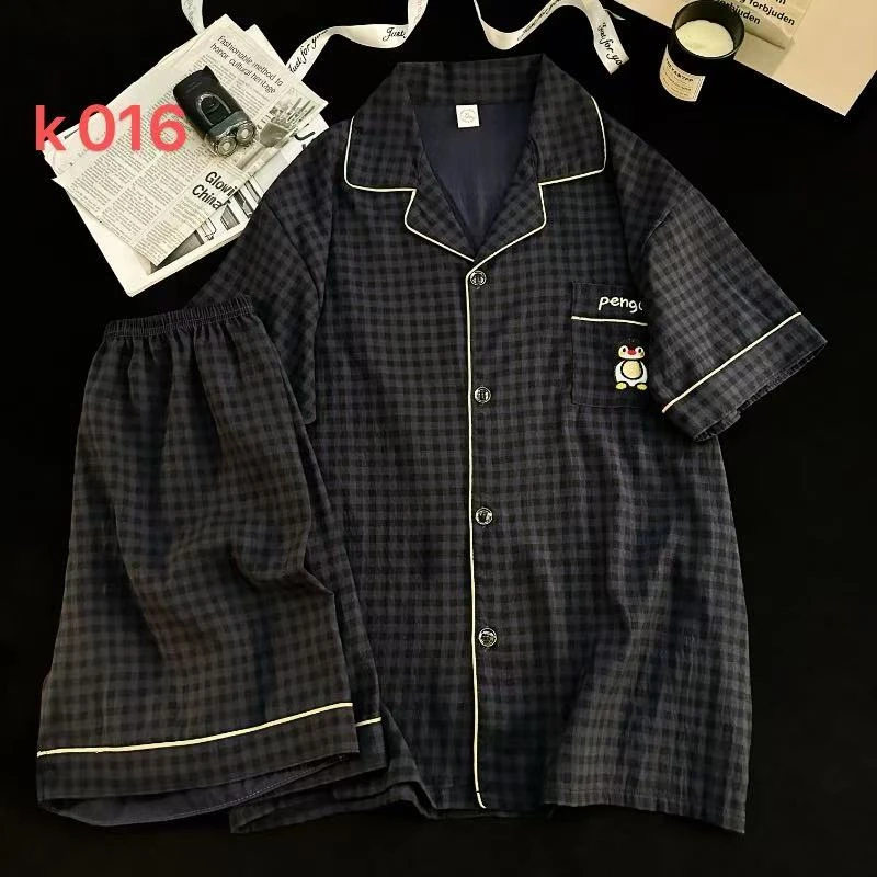 日系格子男士短袖短裤套装（016）