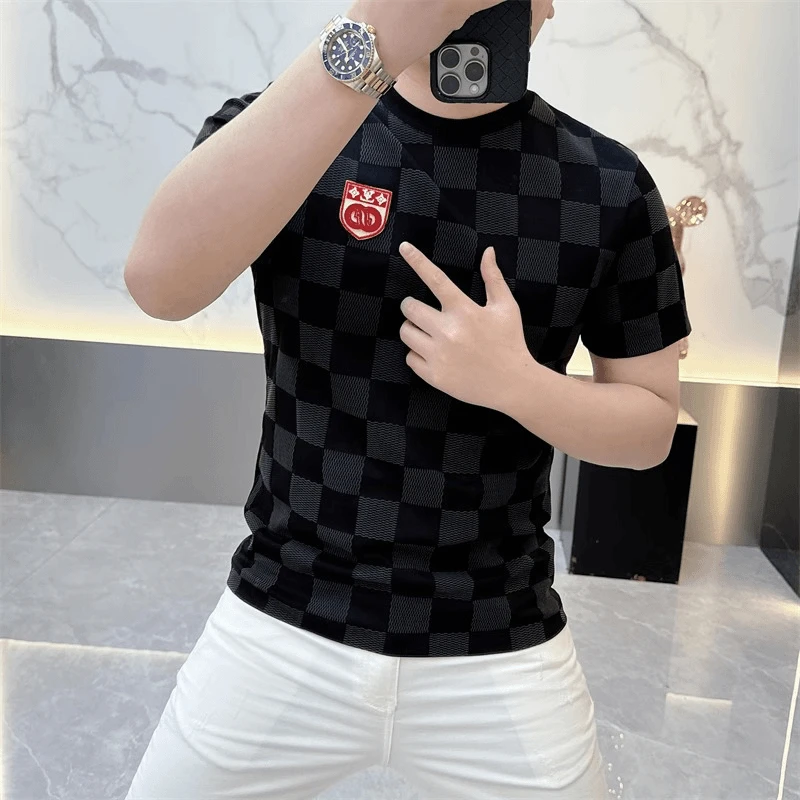 2025高品质欧货轻奢男士印花时尚百搭夏半袖上衣针织冰丝短袖T恤