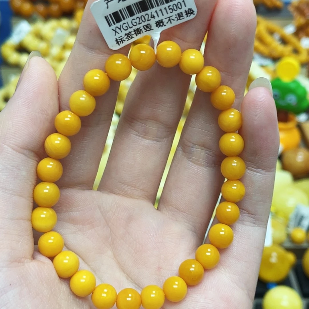 未镶嵌蜜蜡珠宝奇石圆珠手串鸡油黄6.8mm➕瑕