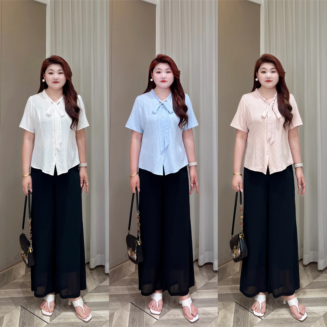 上衣【湘湘大码】PMM81954夏季新款百搭法式系带蝴蝶结气质T恤