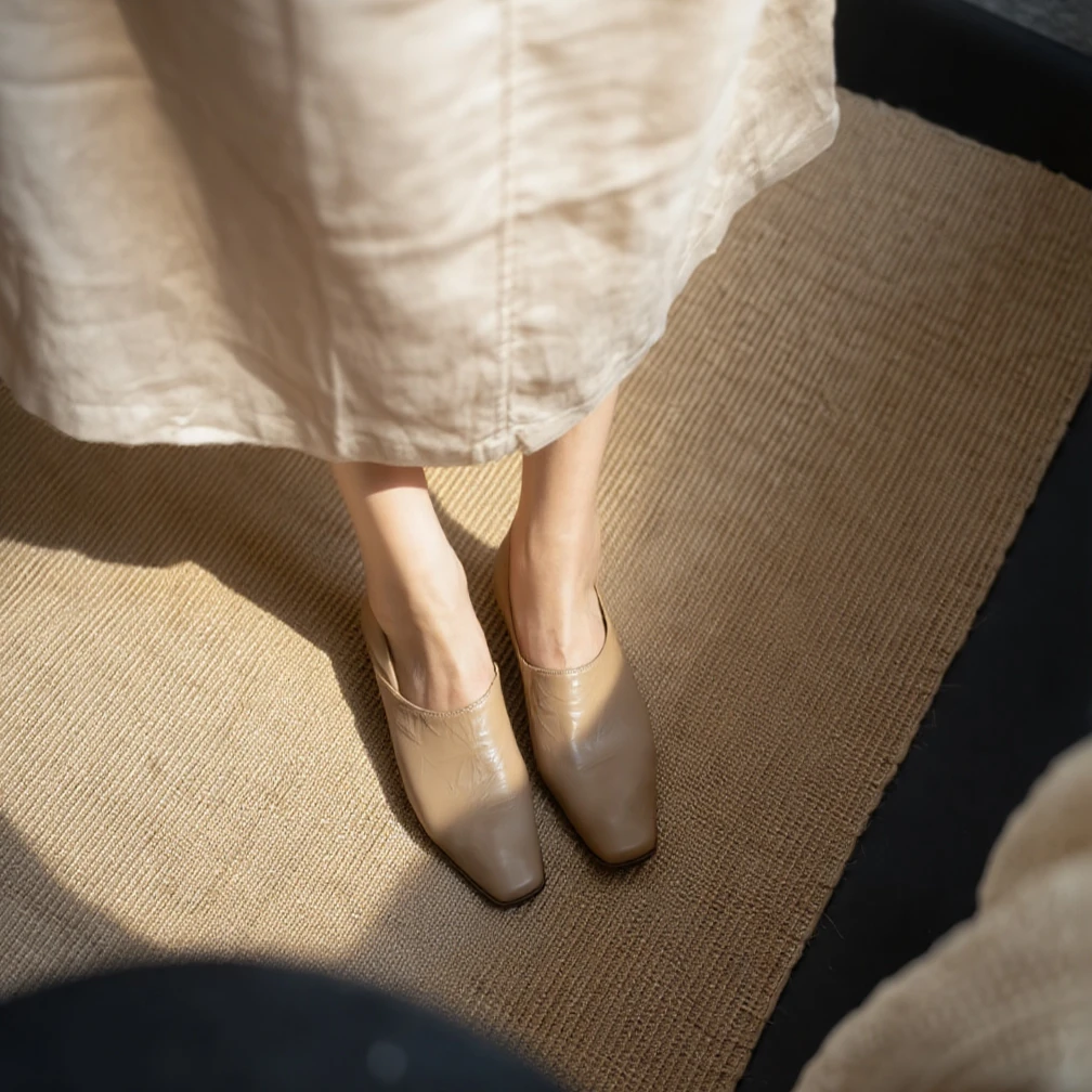 巨软羊皮女鞋方头粗跟舒适一脚蹬小皮鞋3-5cm老钱风必备女款单鞋