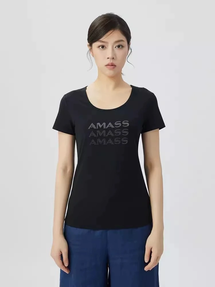 哥弟阿玛施正透气圆领T恤极简风印花女士黑色舒适修身型时尚女款