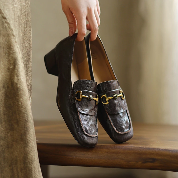 里外纯皮～羊皮3cm复古低跟百搭方头乐福鞋英伦风深口单鞋春季粗跟