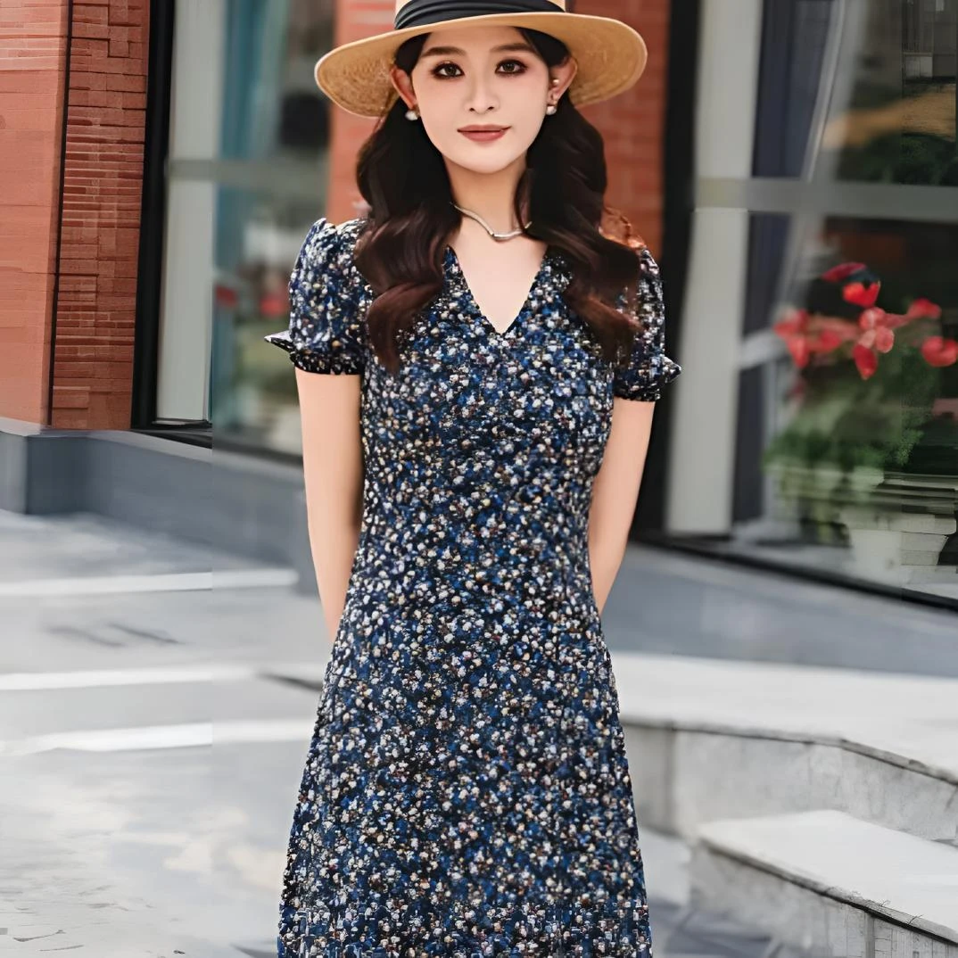 哥弟夏季时尚百搭碎花复古V领收腰显瘦短袖高级感连衣裙1500472