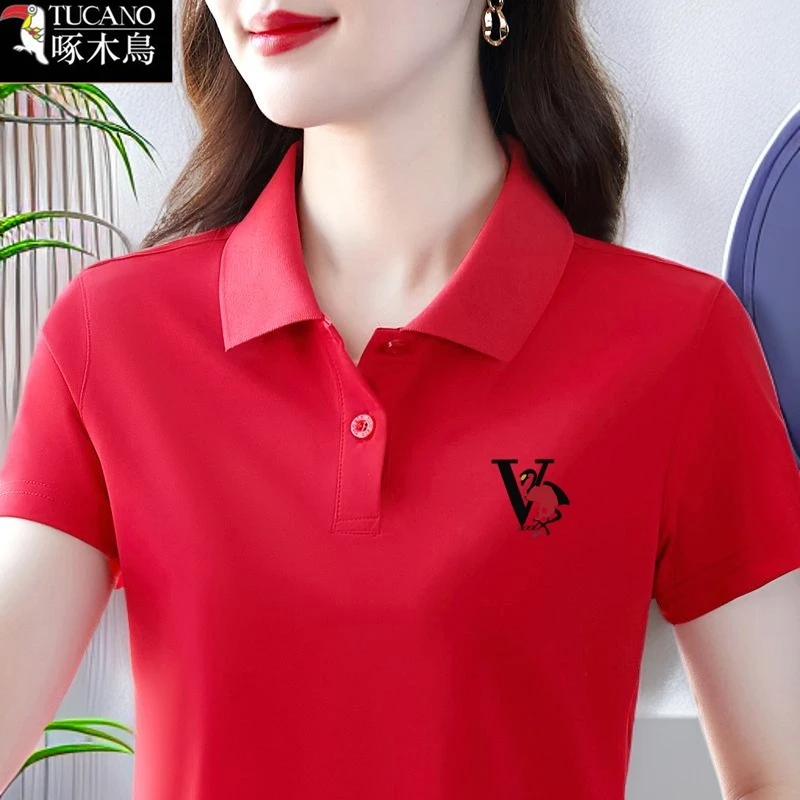 啄木鸟短袖女减龄夏季T恤2025年新款修身显瘦拼接纽扣POLO领上衣