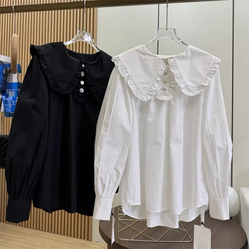 衬衫衬衣上衣纯色宽松娃娃领秋季蕾丝长袖设计感荷叶边春季