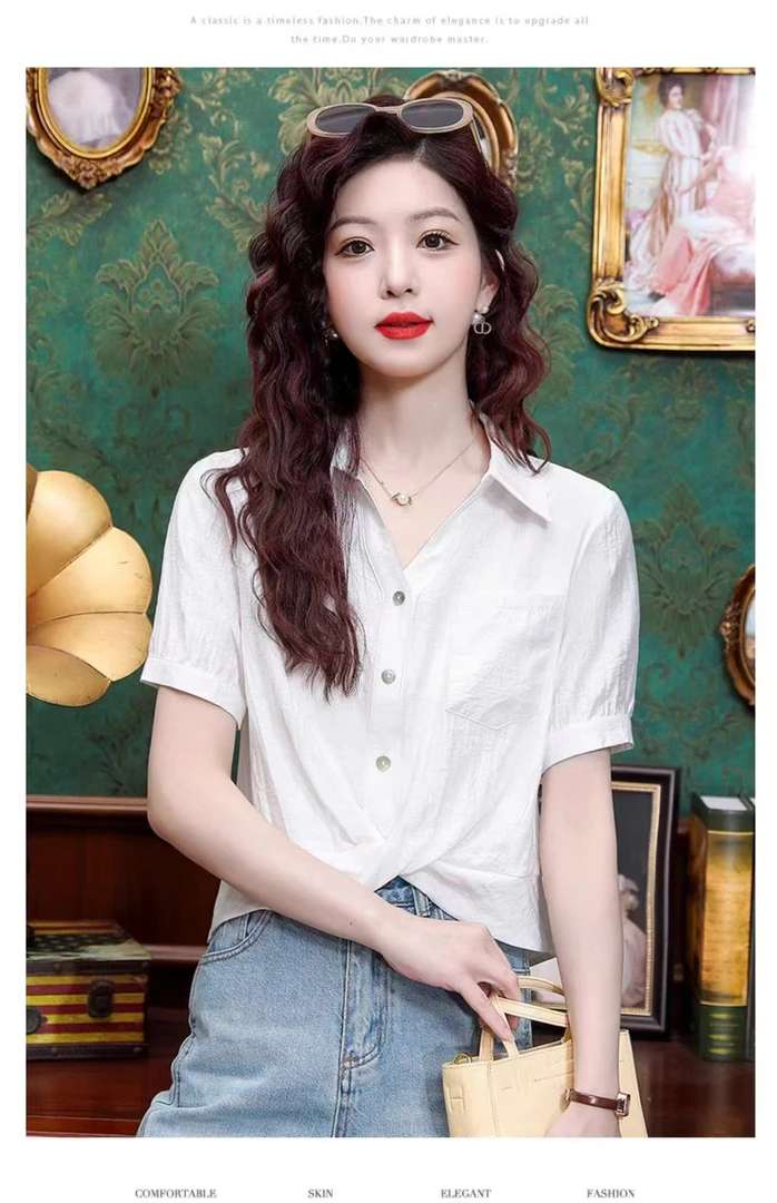 雪纺衬衫女褶皱短款小衫夏季短袖上衣2025新款韩版宽松设计感衬衣