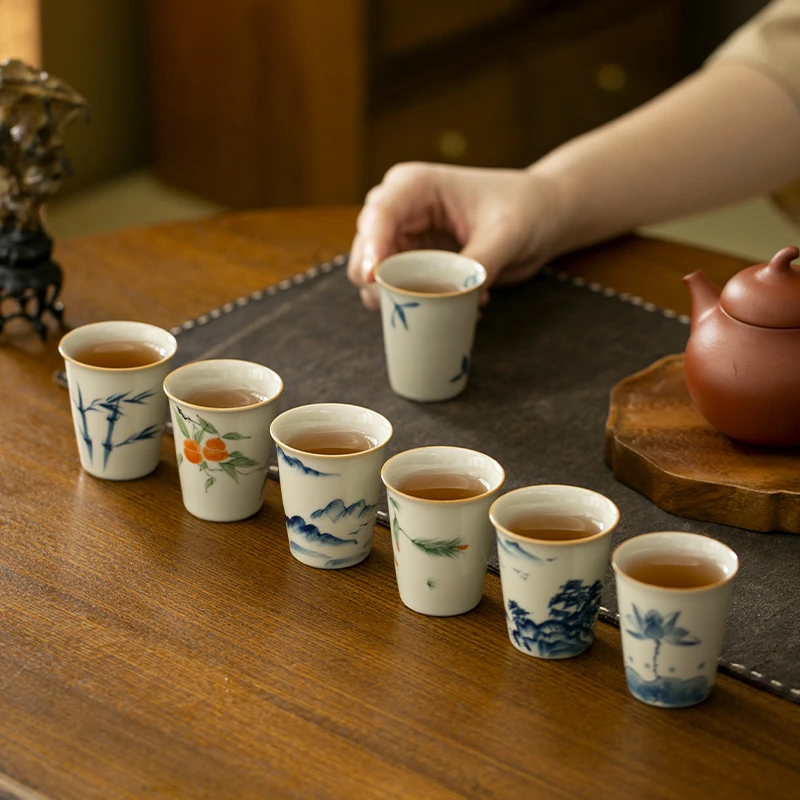 【艽青】釉下彩纯手绘可乐杯茶杯套装新中式复古家用茶具陶瓷品茗杯