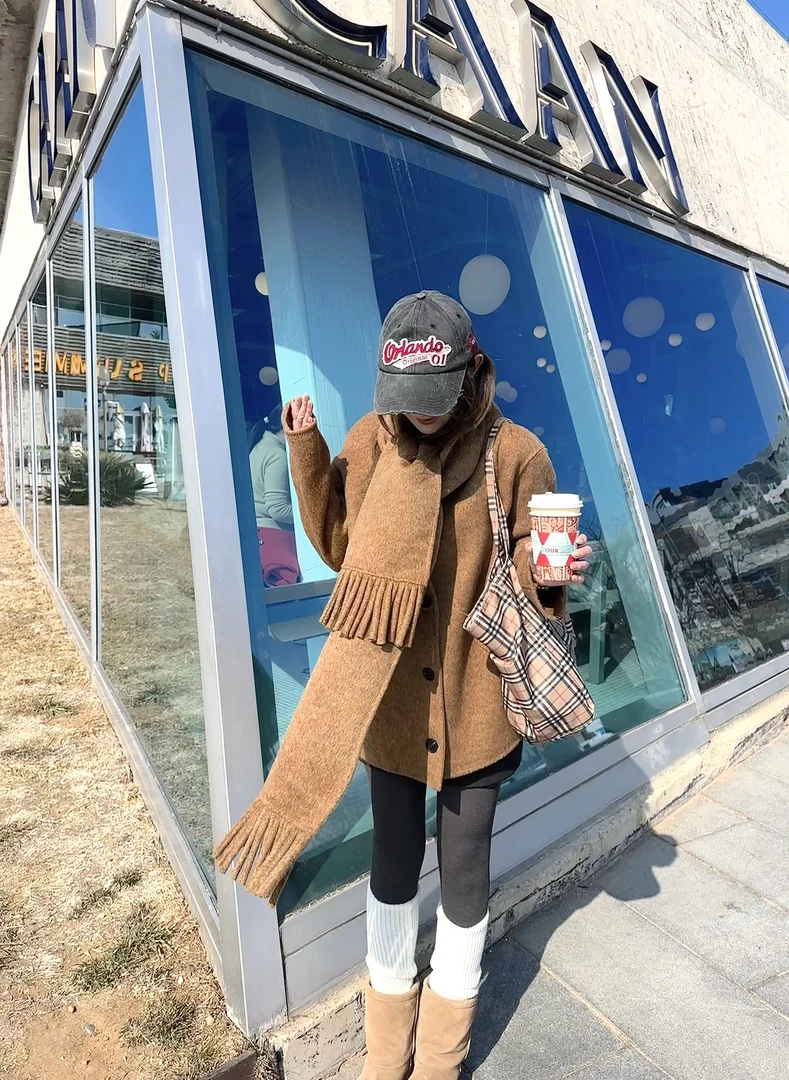 2025新韩版女宽松百搭围脖设计短款大衣 DYF3273