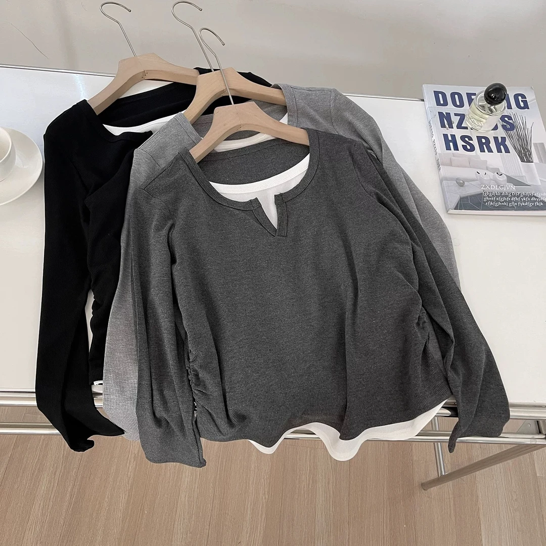 【显瘦假两件】简约百搭剪刀领正肩长袖T恤休闲气质打底衫上衣女