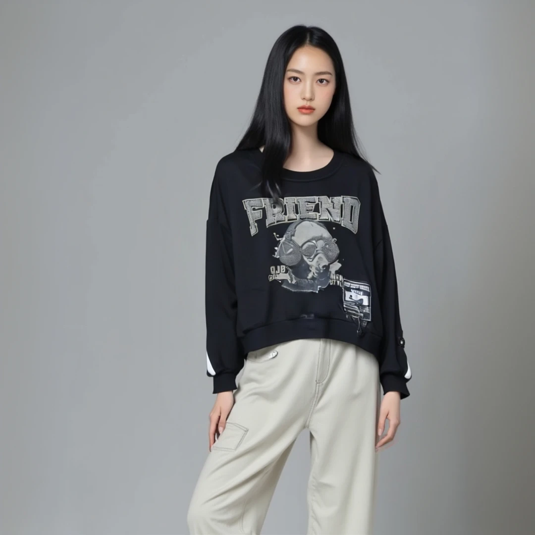 潮牌休闲时尚烫钻棉长袖女