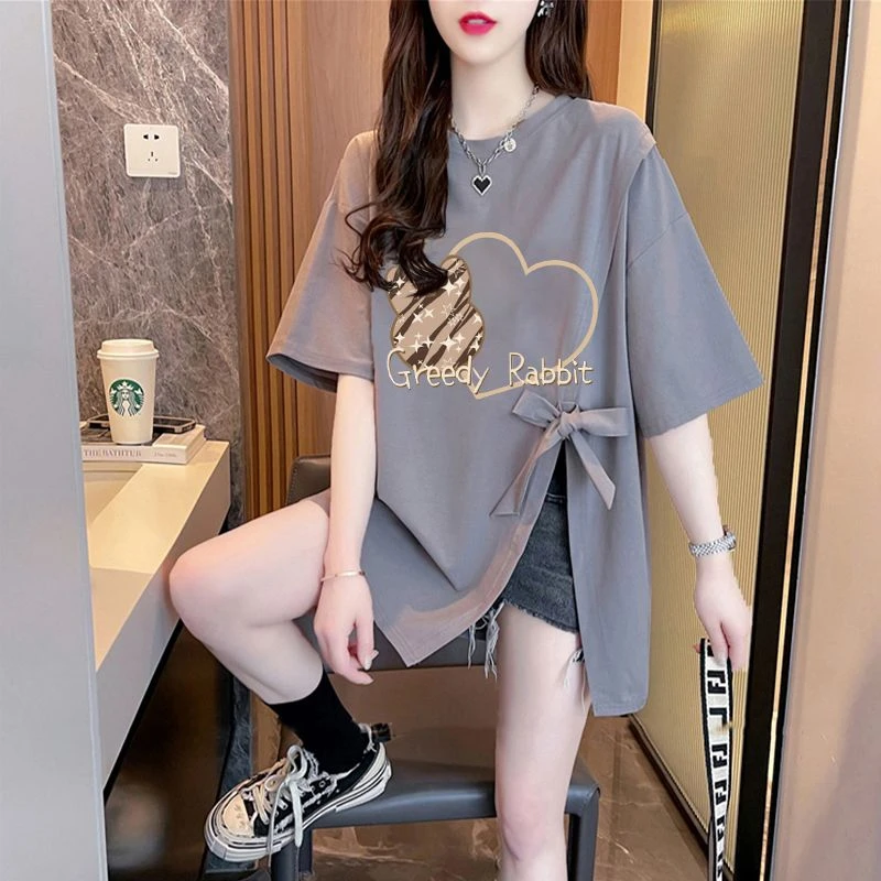 开叉拼接短袖女款显瘦大码洋气印花宽松大版T恤百搭中长款上衣潮