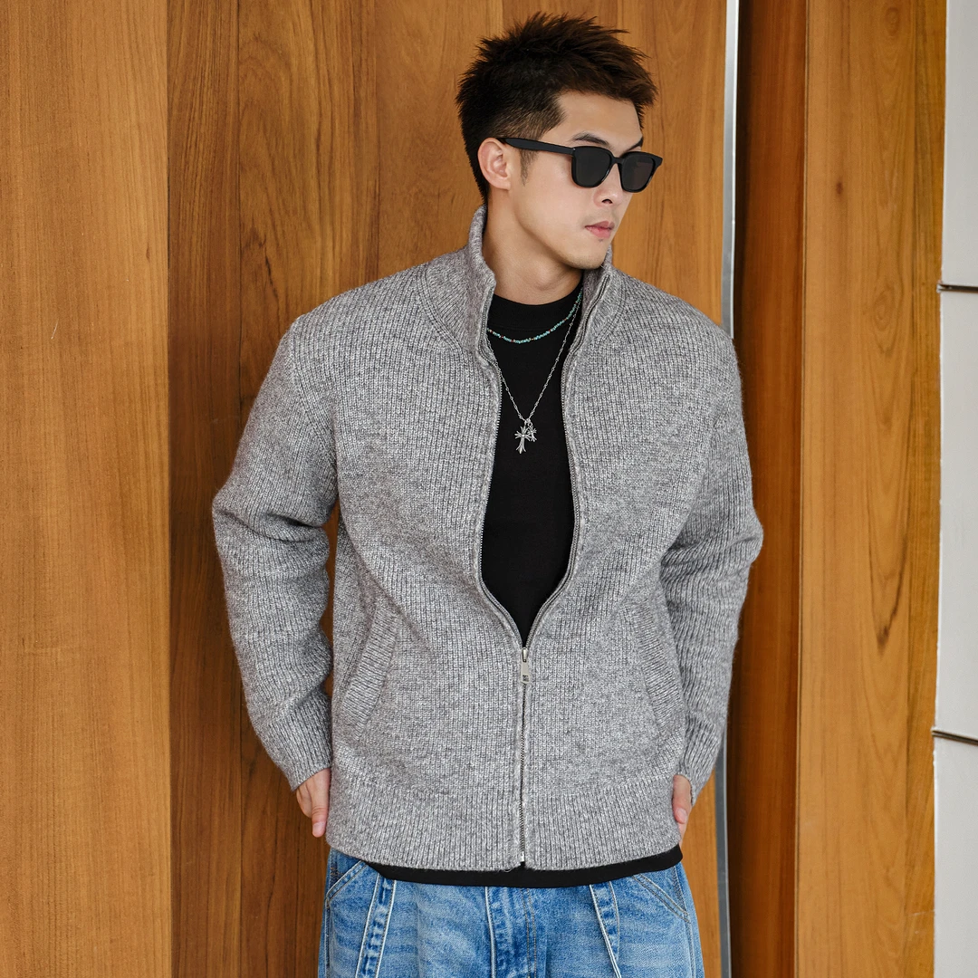 Aft studio1000g重磅 保暖灰色开衫毛衣男秋冬大码休闲针织衫外套