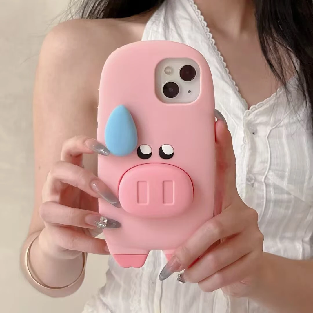 可爱旋转流汗猪鼻子支架iPhone16苹果15适用13/14pro max手机壳套