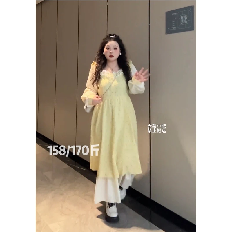 大码法式黄色春季长裙方领碎花修身显瘦收腰连衣裙45990#