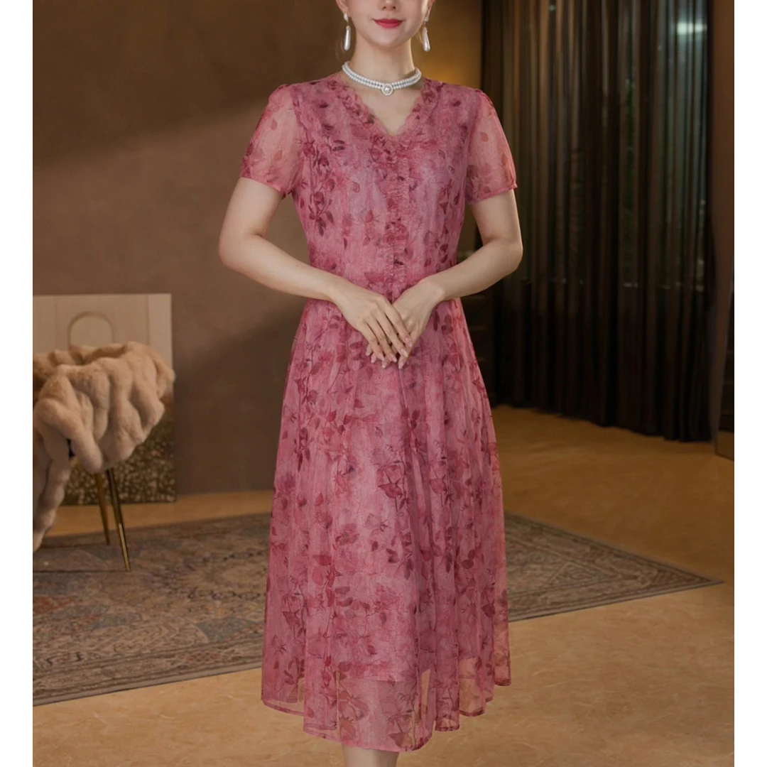 【香妮芬】83362高档弹力水晶纱桃红碎花妈妈连衣裙女气质显瘦裙