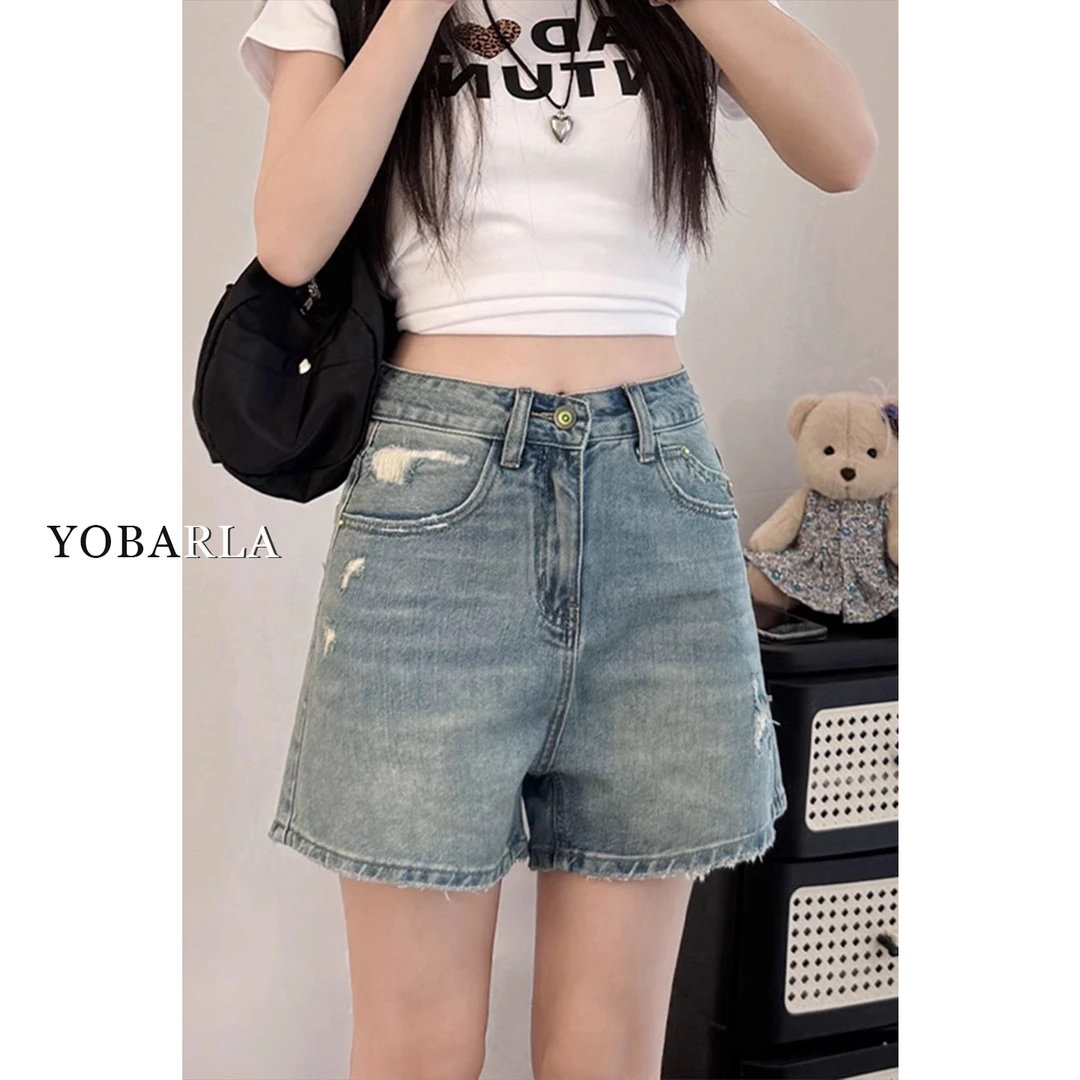 浅色破洞牛仔短裤女夏薄款大码胖mm宽松显瘦梨形身材a字阔腿热裤