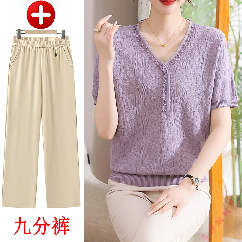 新款夏季薄款时尚中年针织短袖打底衫妈妈装洋气短袖毛衣T恤小衫