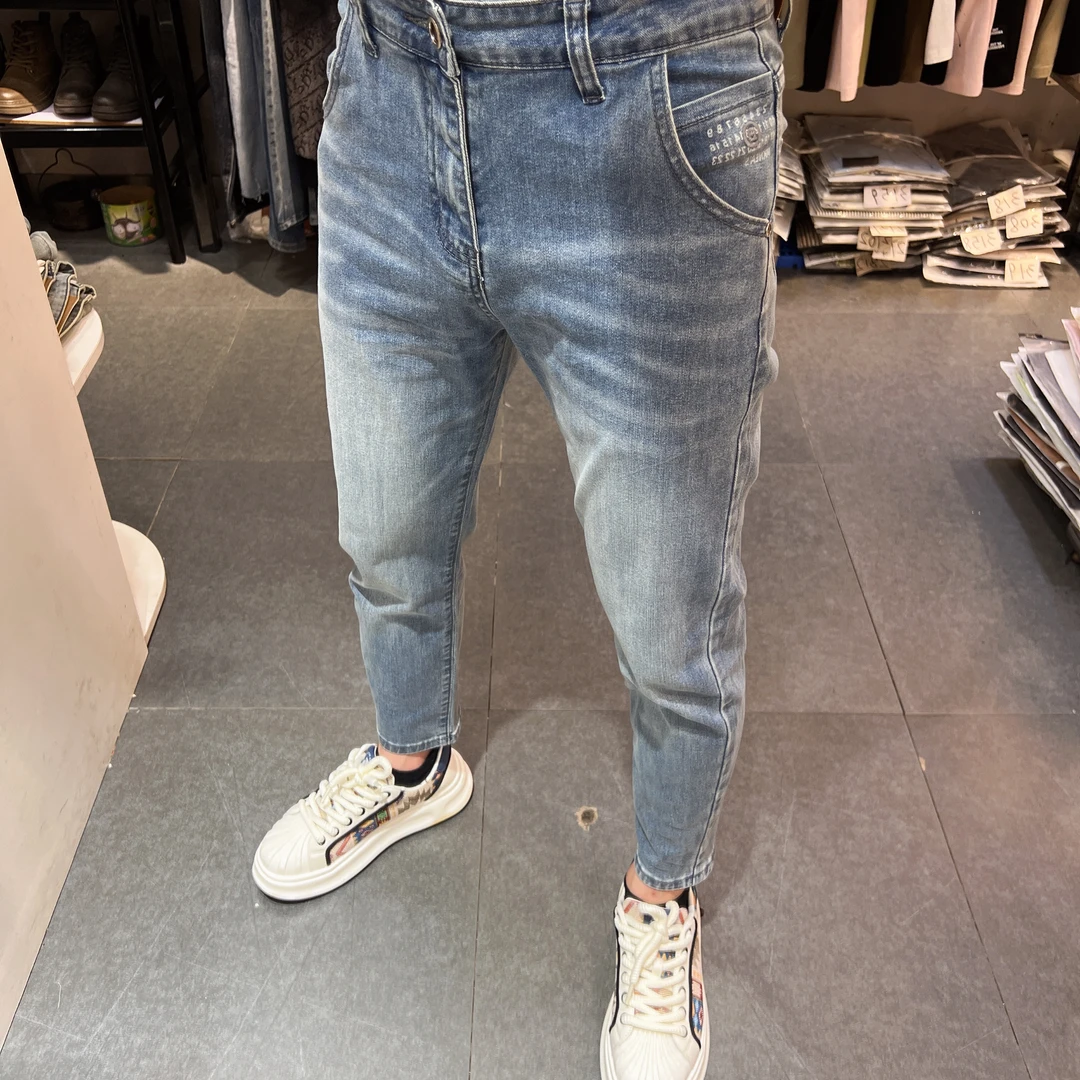 夏季九分牛仔裤男2025薄款潮流百搭韩版修身弹力显瘦小脚裤子-G15
