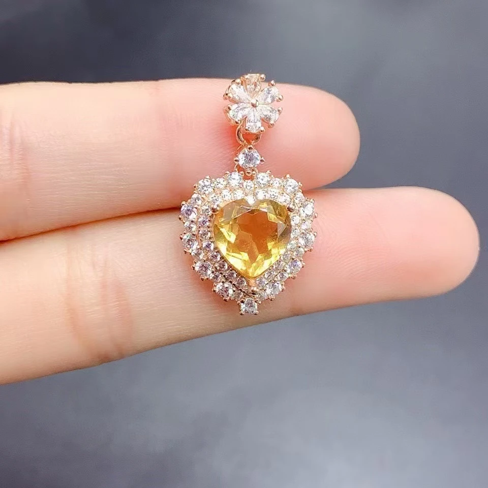 新款天然黄水晶 吊坠尺寸心8mm925银镶嵌 A615