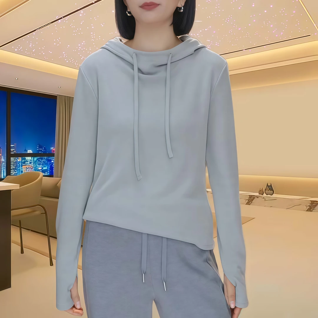 1双面德绒秋季新款纯色韩版连帽卫衣女套头宽松长袖T恤打底衫上衣