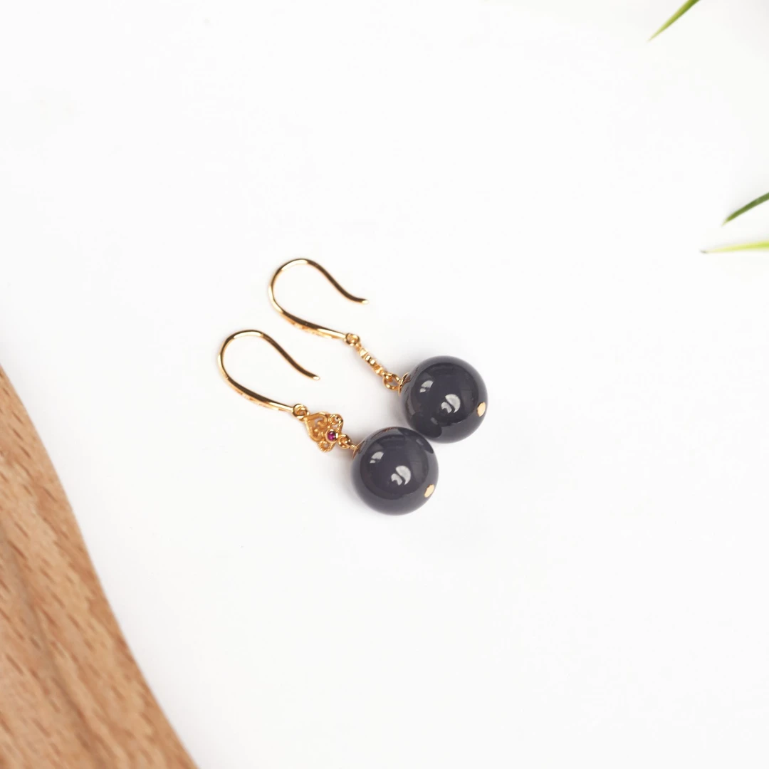 【玉总珠宝】925银和田玉烟紫圆珠耳钩耳环女多样性发一CAN820953