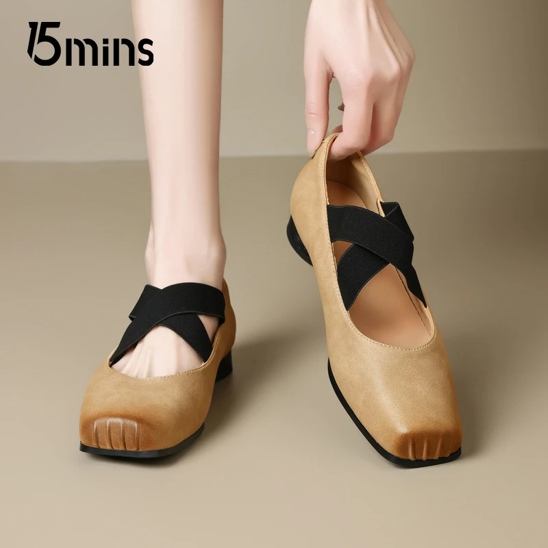 15MINS芭蕾舞鞋女绑带复古猪鼻子法式粗跟玛丽珍单鞋D1017AQ5AA