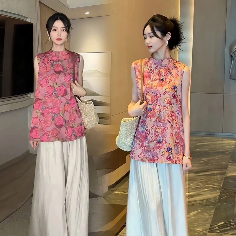 新中式国风提花无袖马甲衬衫女2025夏季新宽松百搭白色阔腿裤套装