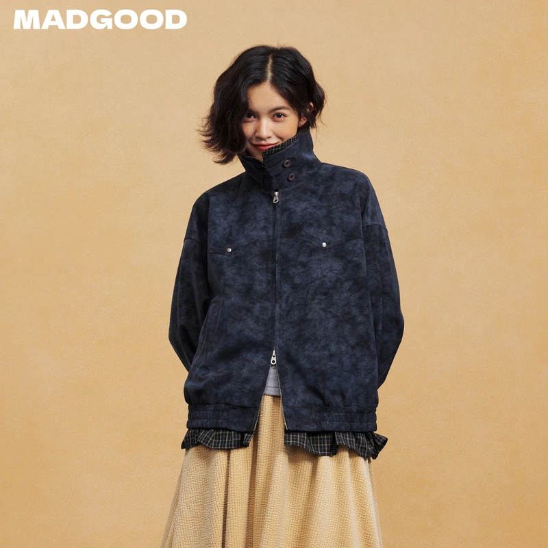 madgood马得工地日系百搭领子可拆卸格纹宽松皮衣外套WT111117