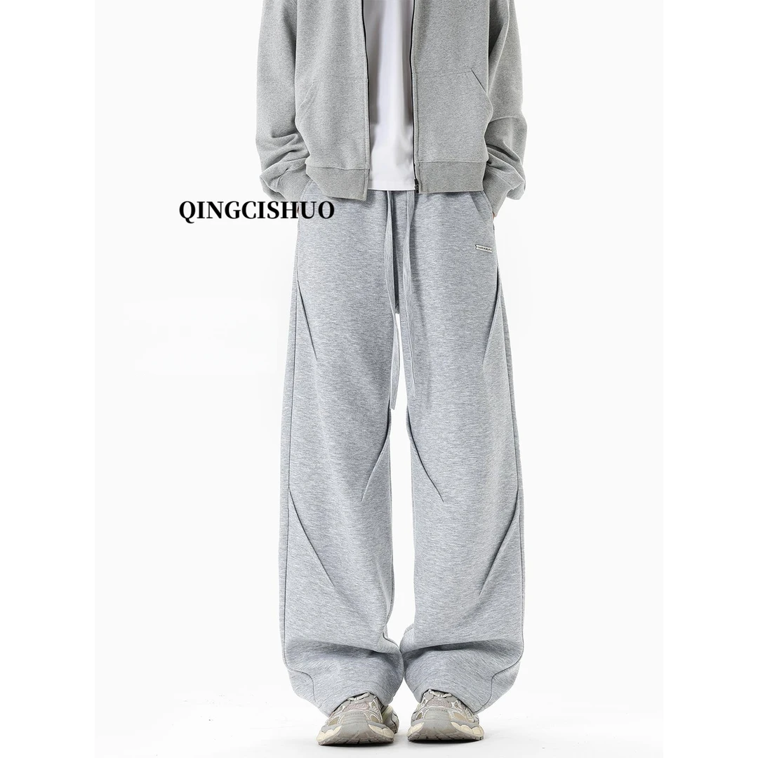 美式潮牌打褶卫裤男秋季高街设计感阔腿运动裤子复古直筒休闲长裤