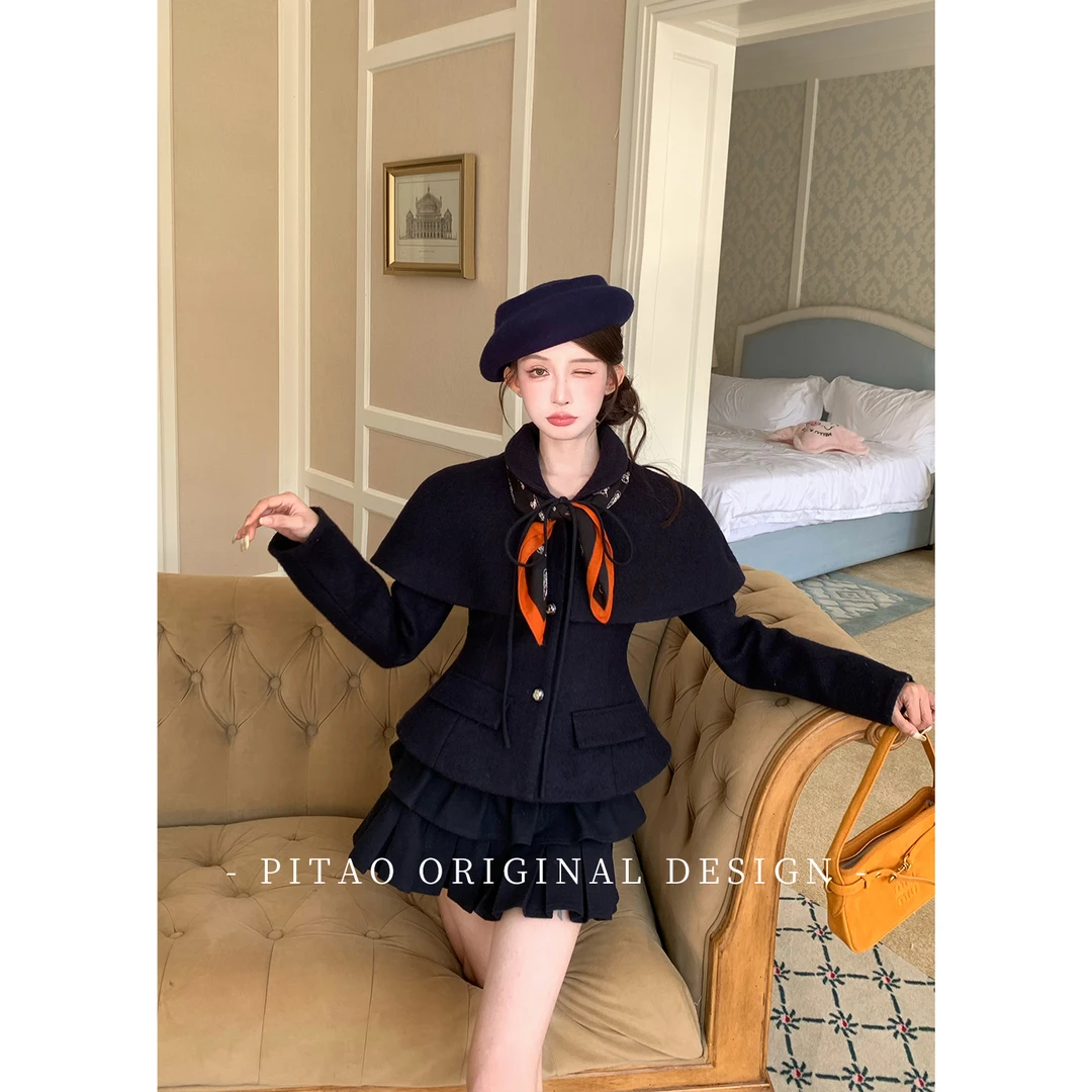 杜屁屁桃PITAO 原创【蓝调情书】羽绒服简约复古绵羊毛90白鸭绒