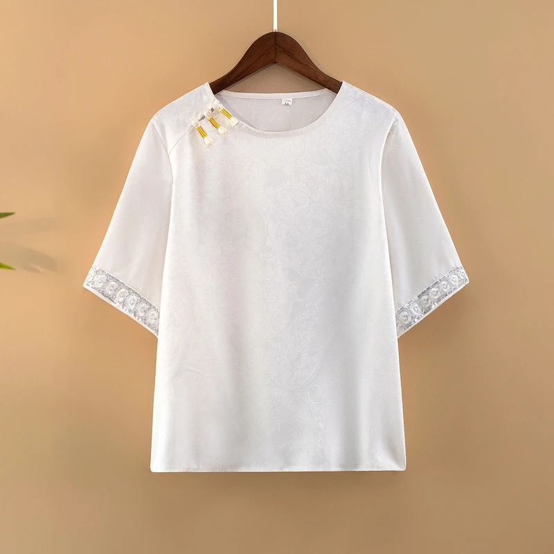 【羽嫚】夏季2025新款上衣小衫新中式国风女圆领亮片刺绣短袖T恤衫