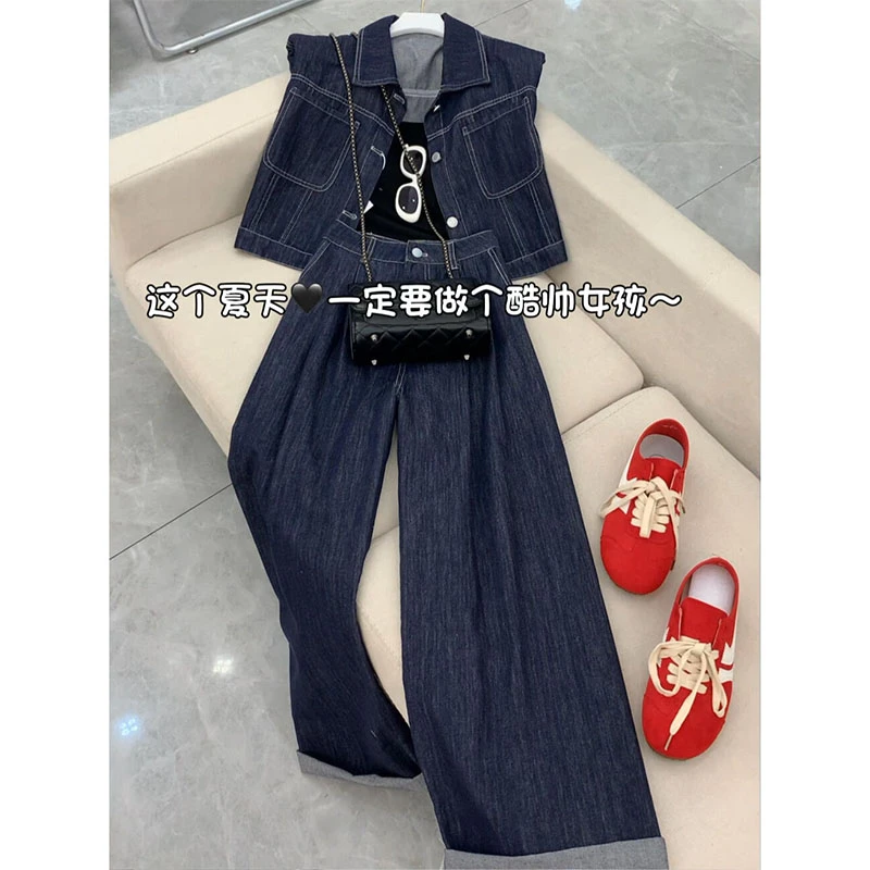 夏季穿搭一整套2025新款时尚温柔气质牛仔马甲吊带阔腿裤三件套装