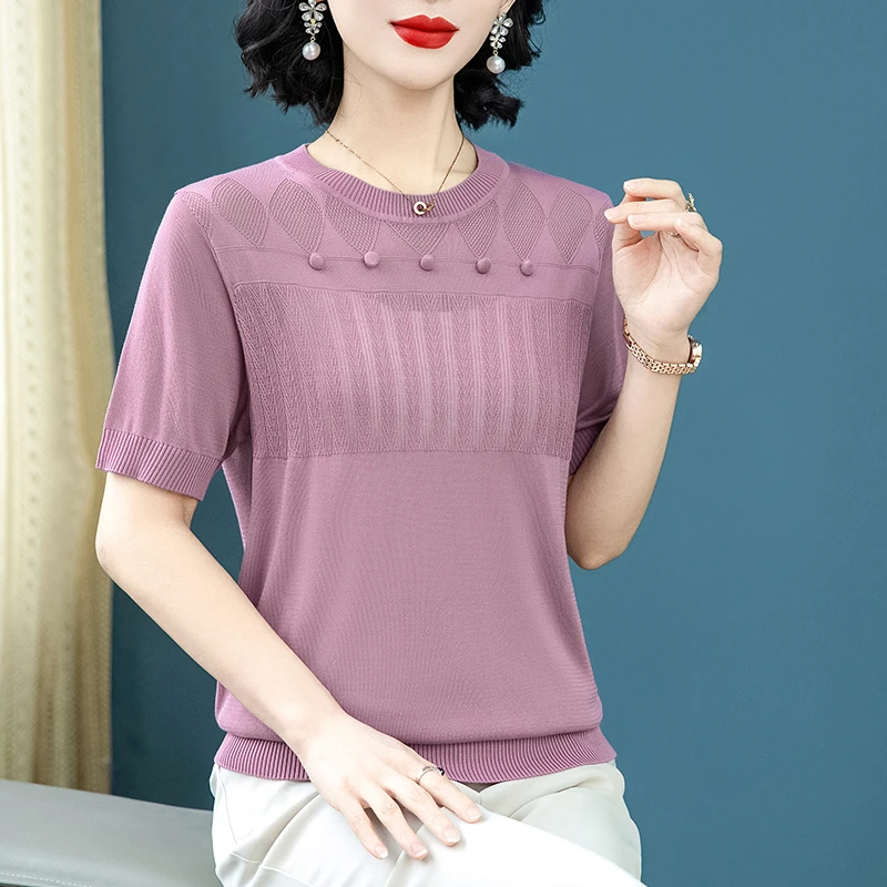 中年妈妈夏装时尚短袖针织衫上衣中老年女装薄款气质宽松冰丝T恤