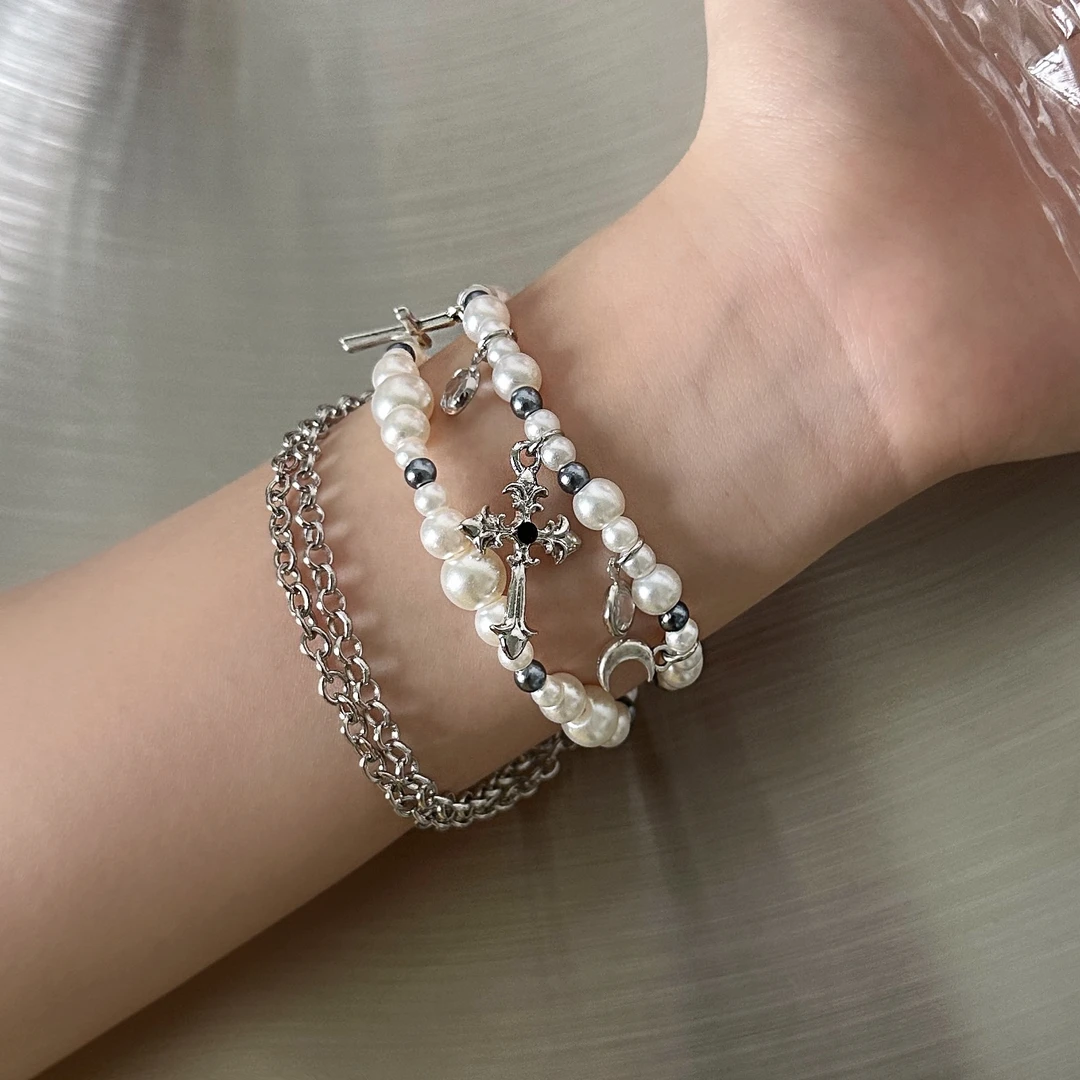 合金亚克力手链 S0618-1美式朋克个性小众设计感珠珠十字架手链1=