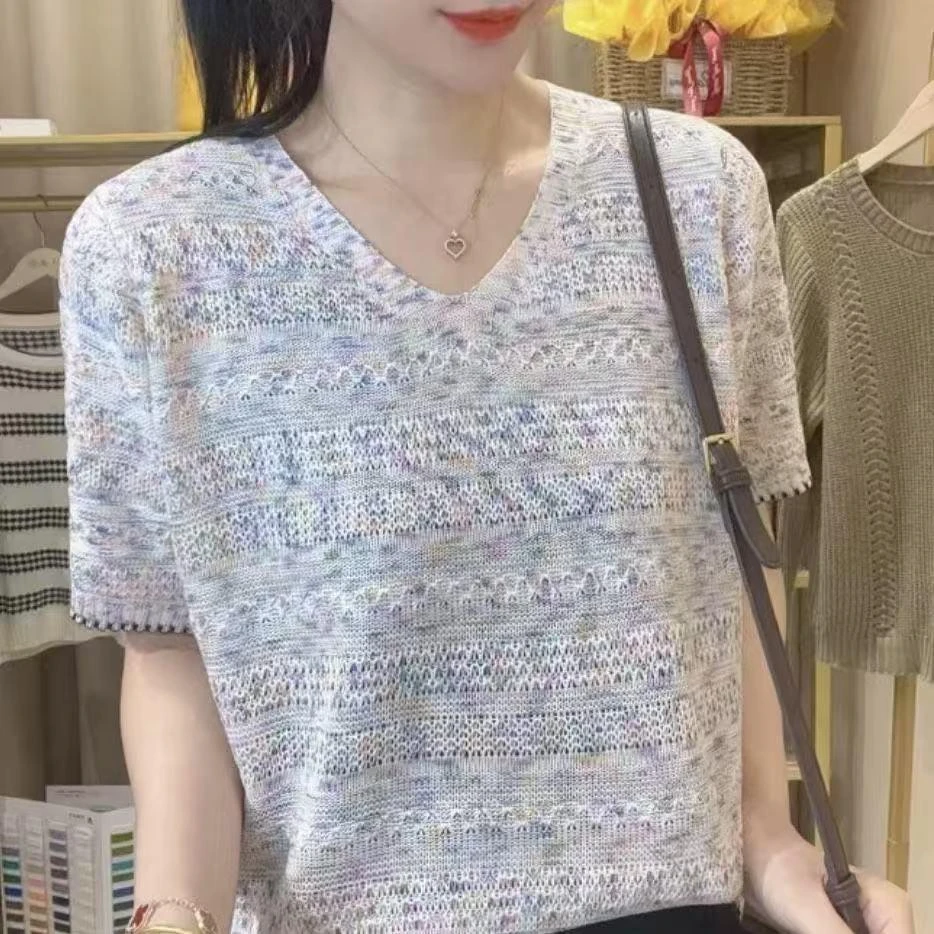 拉夏贝尔时尚短袖t恤女2025夏新款慵懒风针织衫显瘦宽松百搭上衣