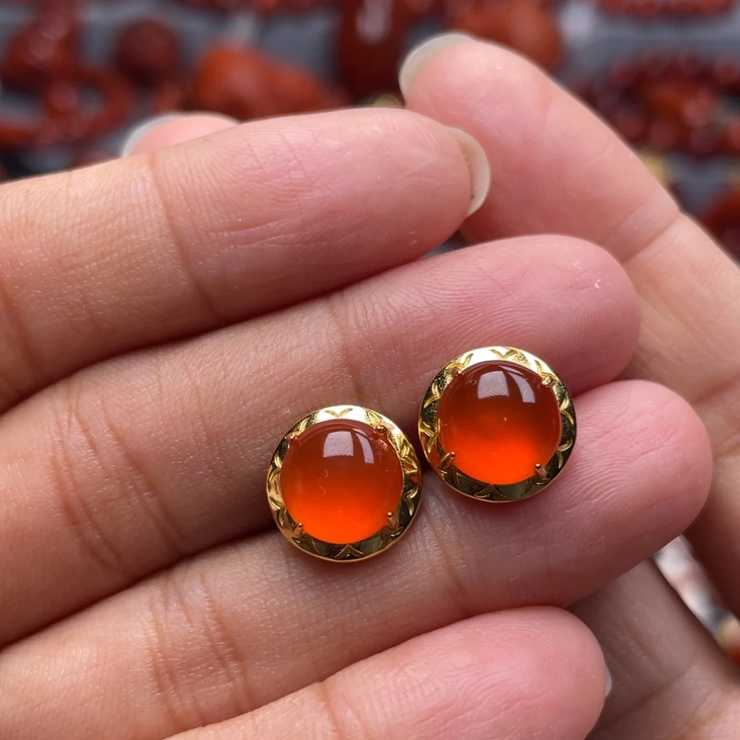 南红玛瑙银S925镶嵌珠宝奇石耳钉