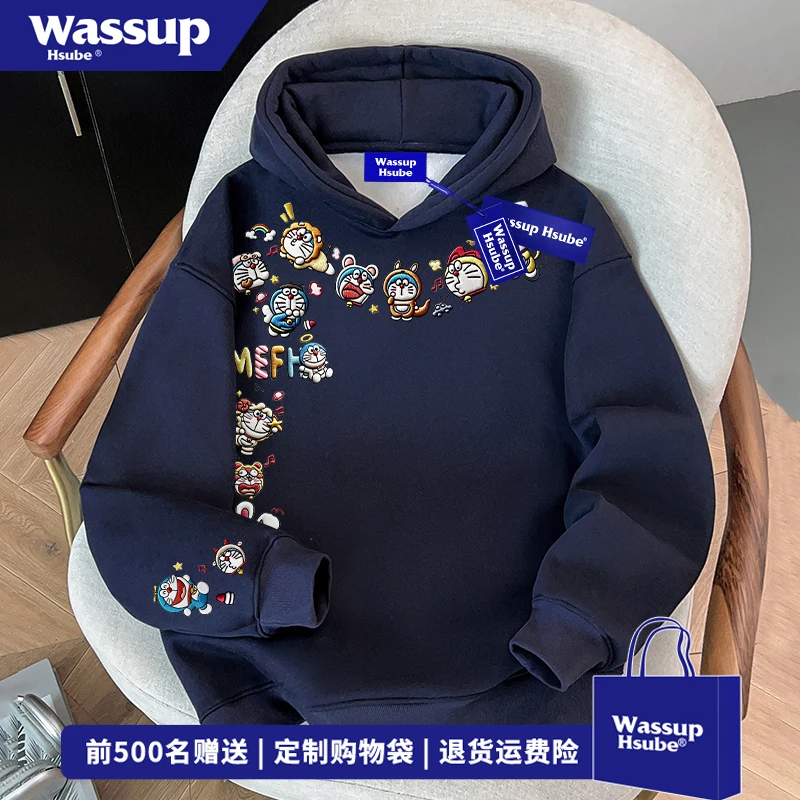 WASSUP HSUBE趣味可爱哆啦a梦印花套头连帽卫衣男女卡通潮牌上衣