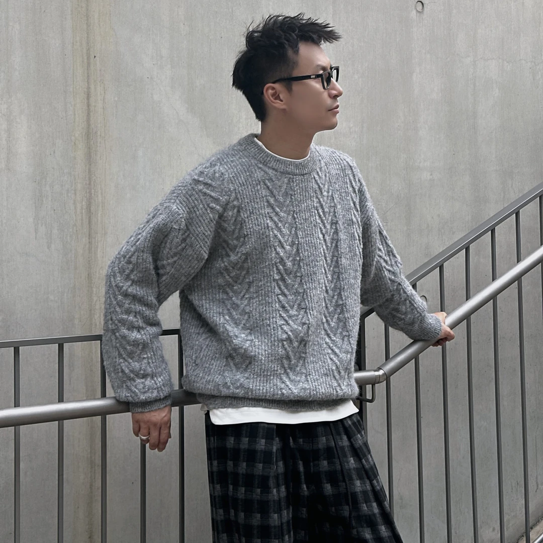 阿信秋冬新款绵羊毛混纺复古休闲套头宽松圆领韩系男士针织毛衣